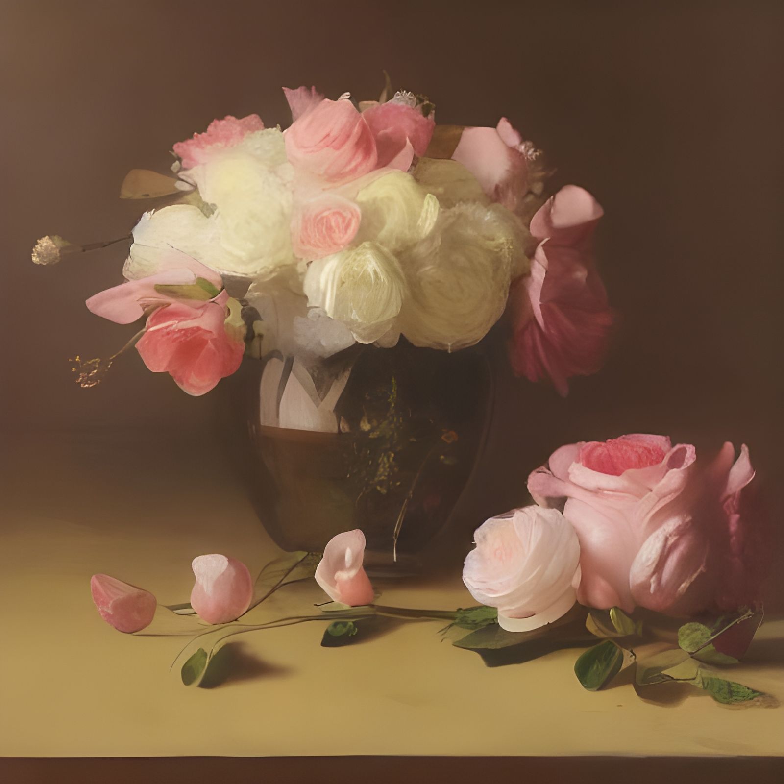 Realistic oil painting. Medium shot. A bouquet of pink roses tied with white satin ribbons sitting on a wooden table. He...