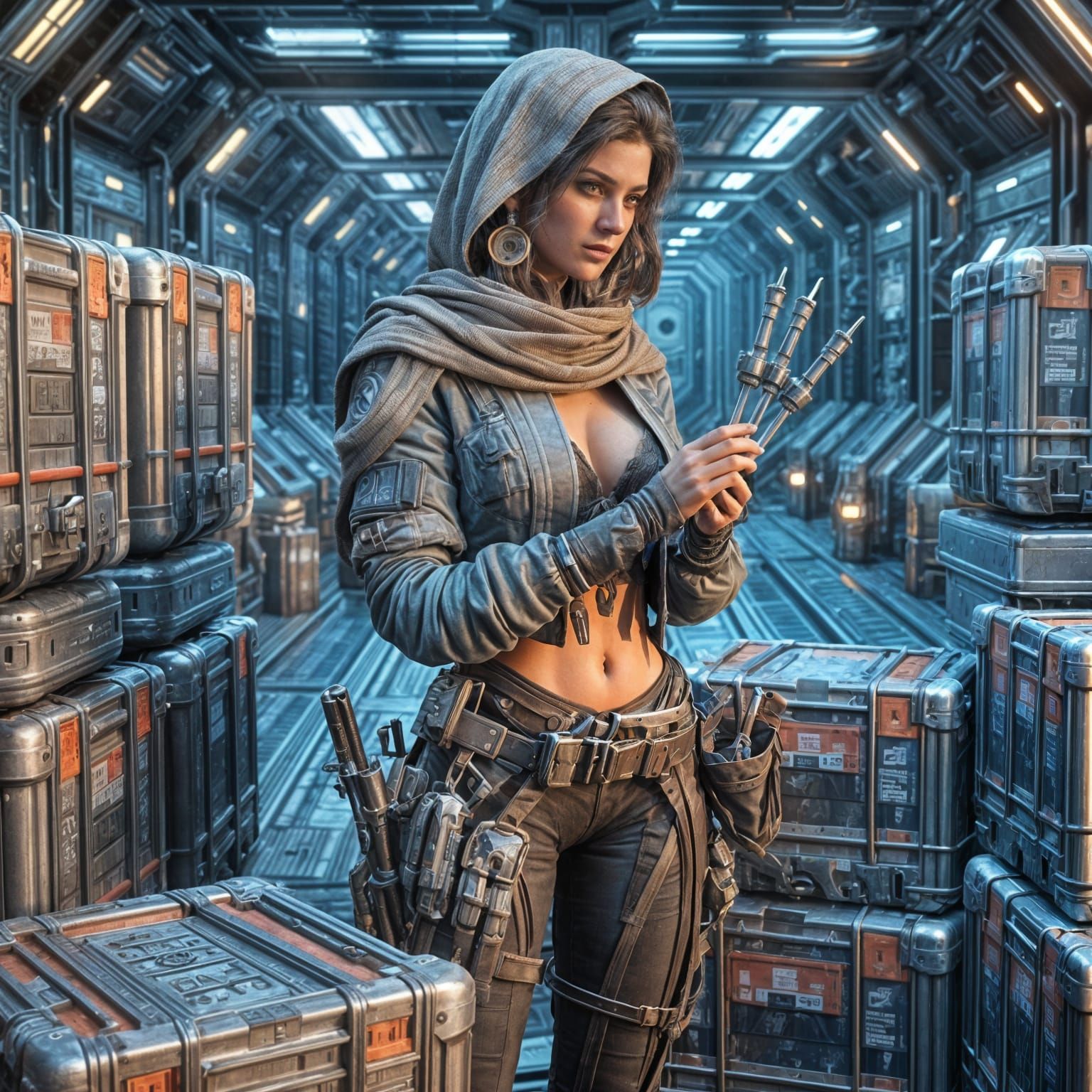 Hyper-realistic beautiful female space pirate standing in fr...