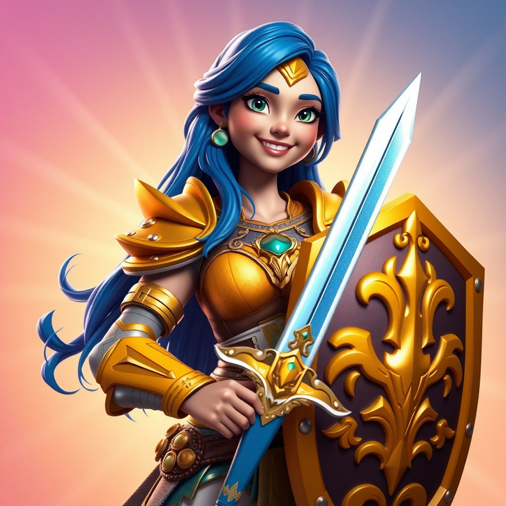 Smiling Blue Warrior Woman in Yellow Armor