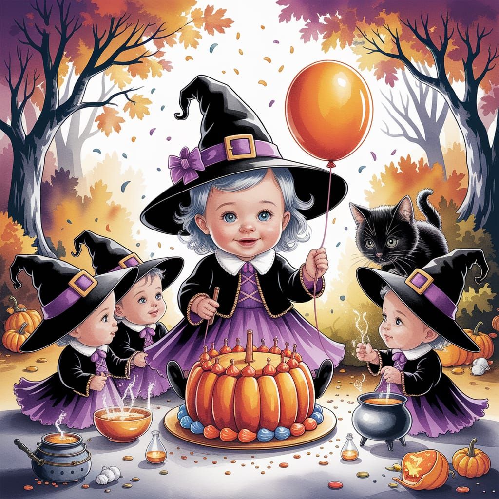 Charming Baby Witch Celebration in Watercolor Style