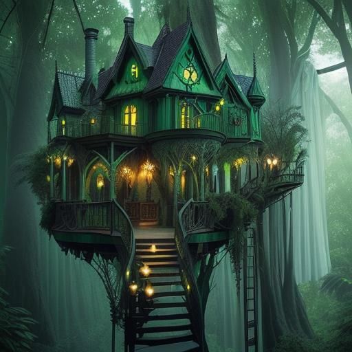 Whimsical Emerald green Gothic treehouse with Ladder to Clim...