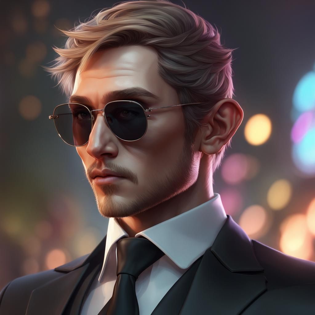 Stylish Elf in Black Suit, Hyperdetailed Portrait
