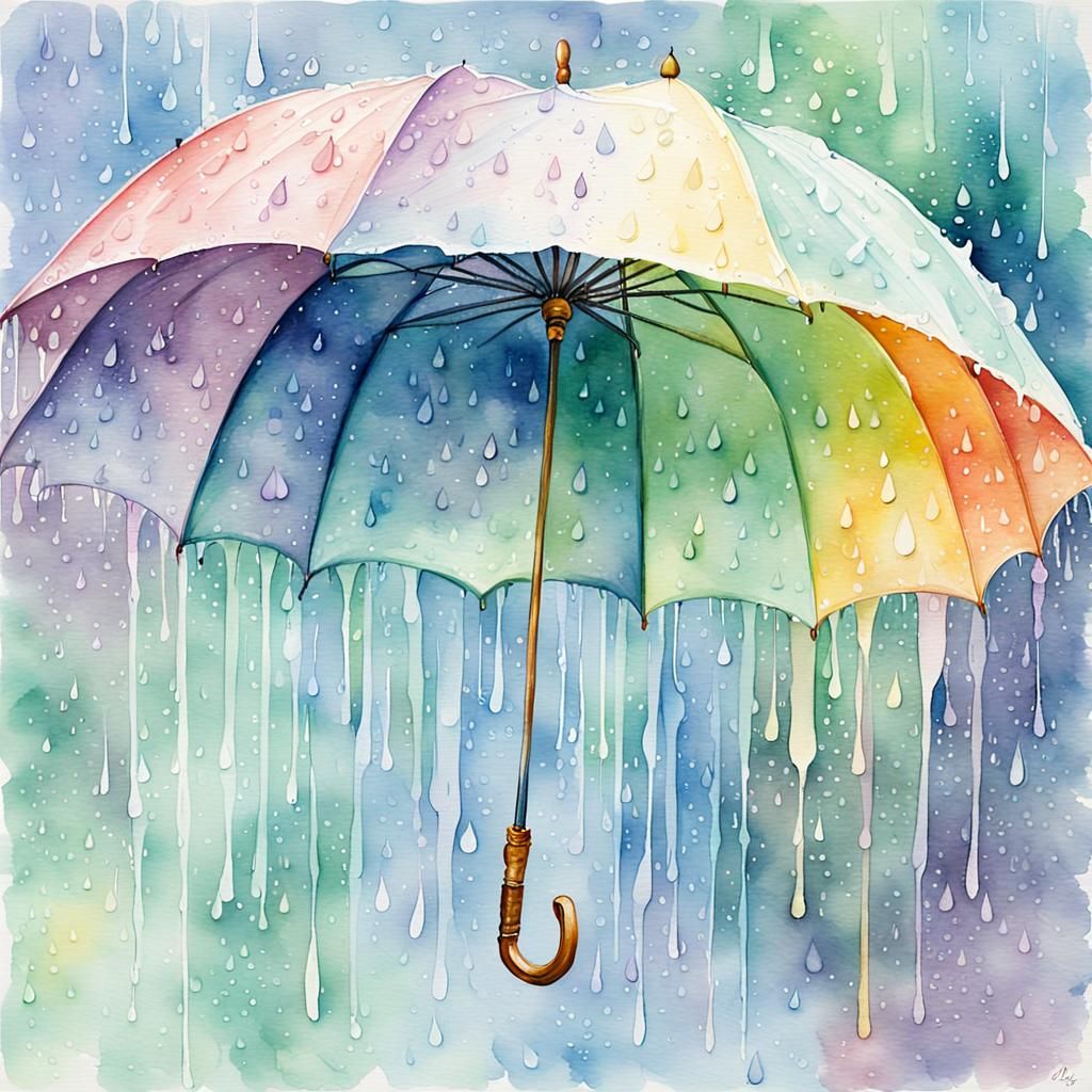 Whimsical Watercolor Painting of Rainy Day Delights