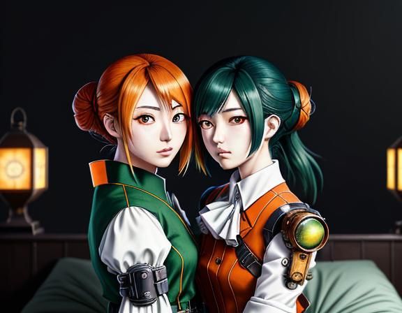 Anime Twin Kemono Sisters Kissing in Steampunk Setting