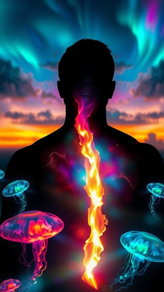 Surreal Chiaroscuro Portrait with Swirling Iridescent Shadow...