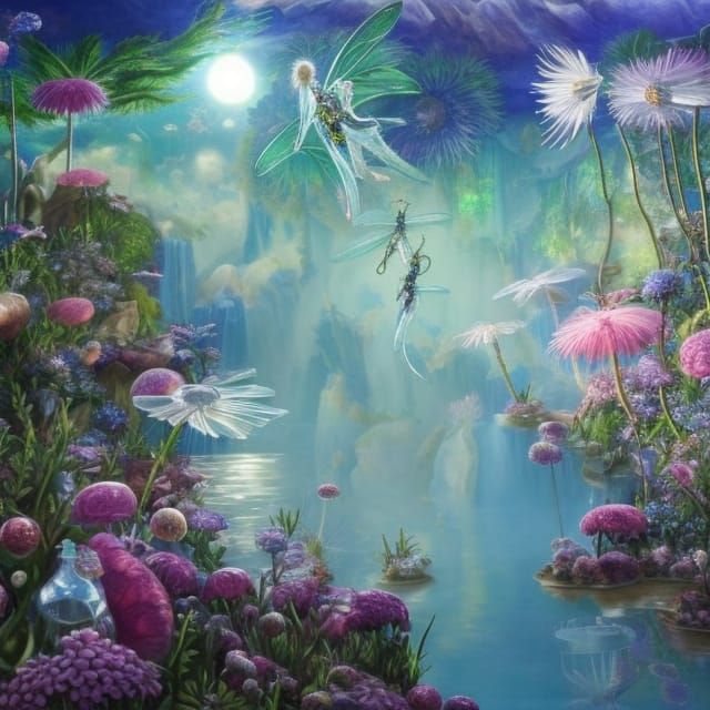 Dragonflies in Dystopian Oasis: Detailed Oil Painting