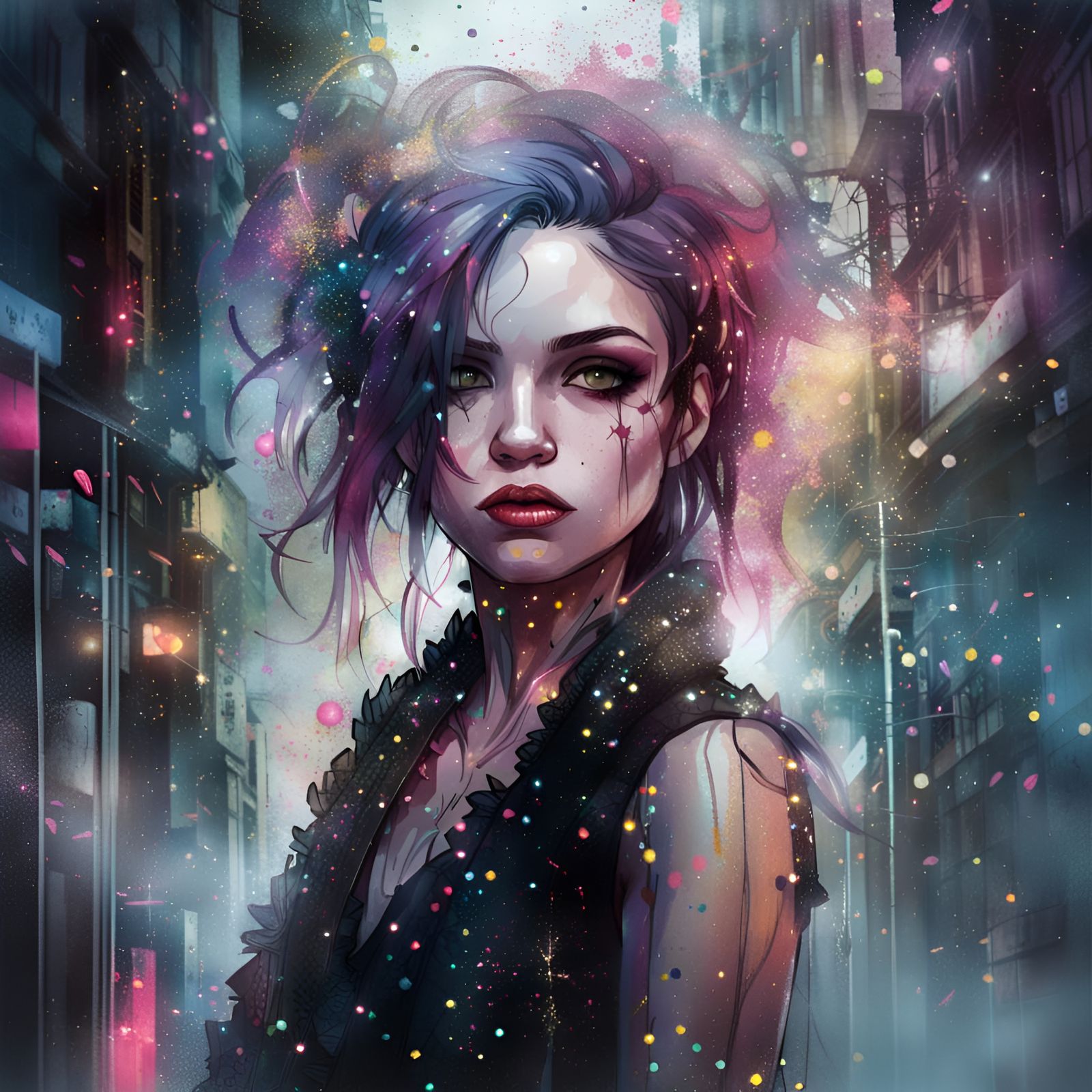 Gothic Girl in Tokyo with Glitter and Splatter