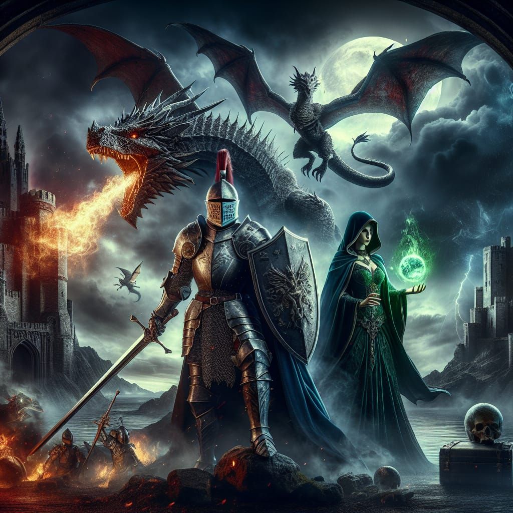 Epic Fantasy Movie Poster: Knight, Dragon, Sorceress