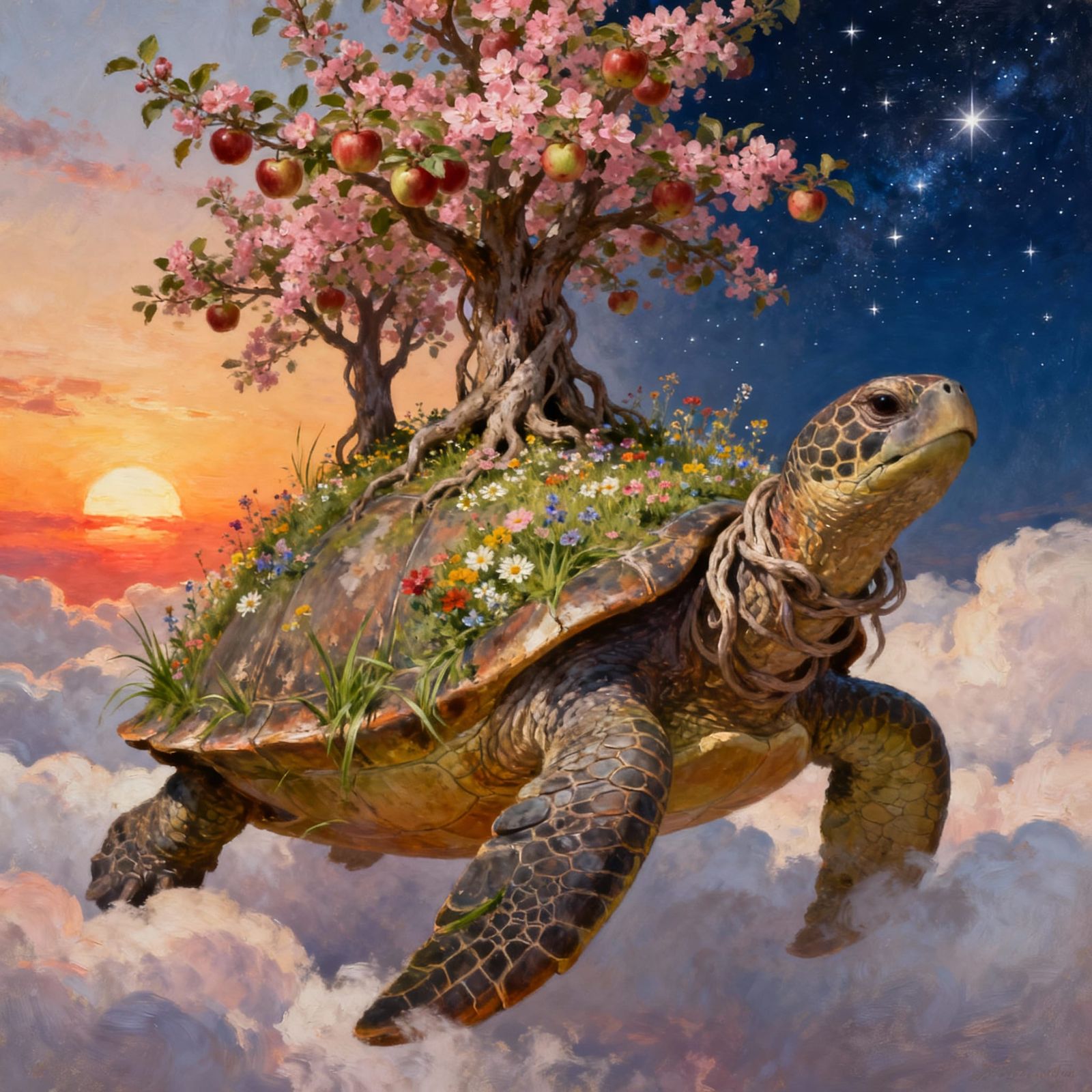 Turtle Meadow in the Clouds at Sunset Oil Painting