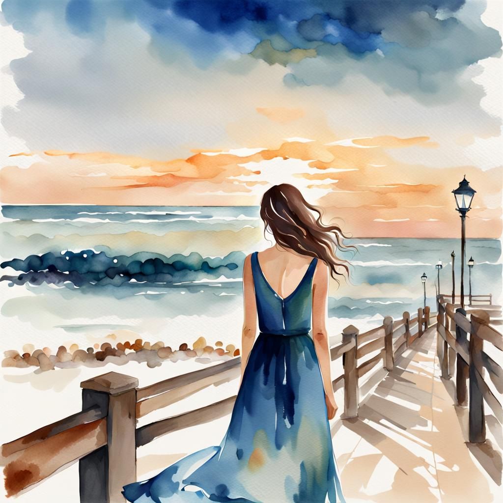 Girl by Ocean: Soft Watercolor Sunrise Illustration