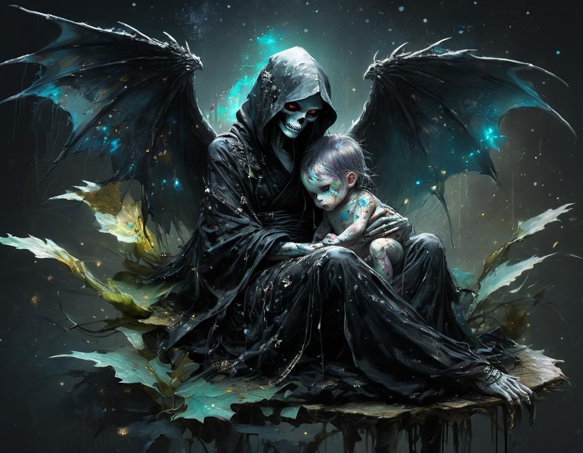 Grim Reaper with Dragon, Ink Splatter Art