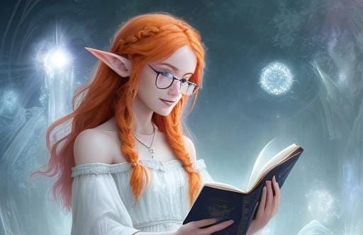 Fantasy Woman Reading with Water Magic, Art Nouveau Style