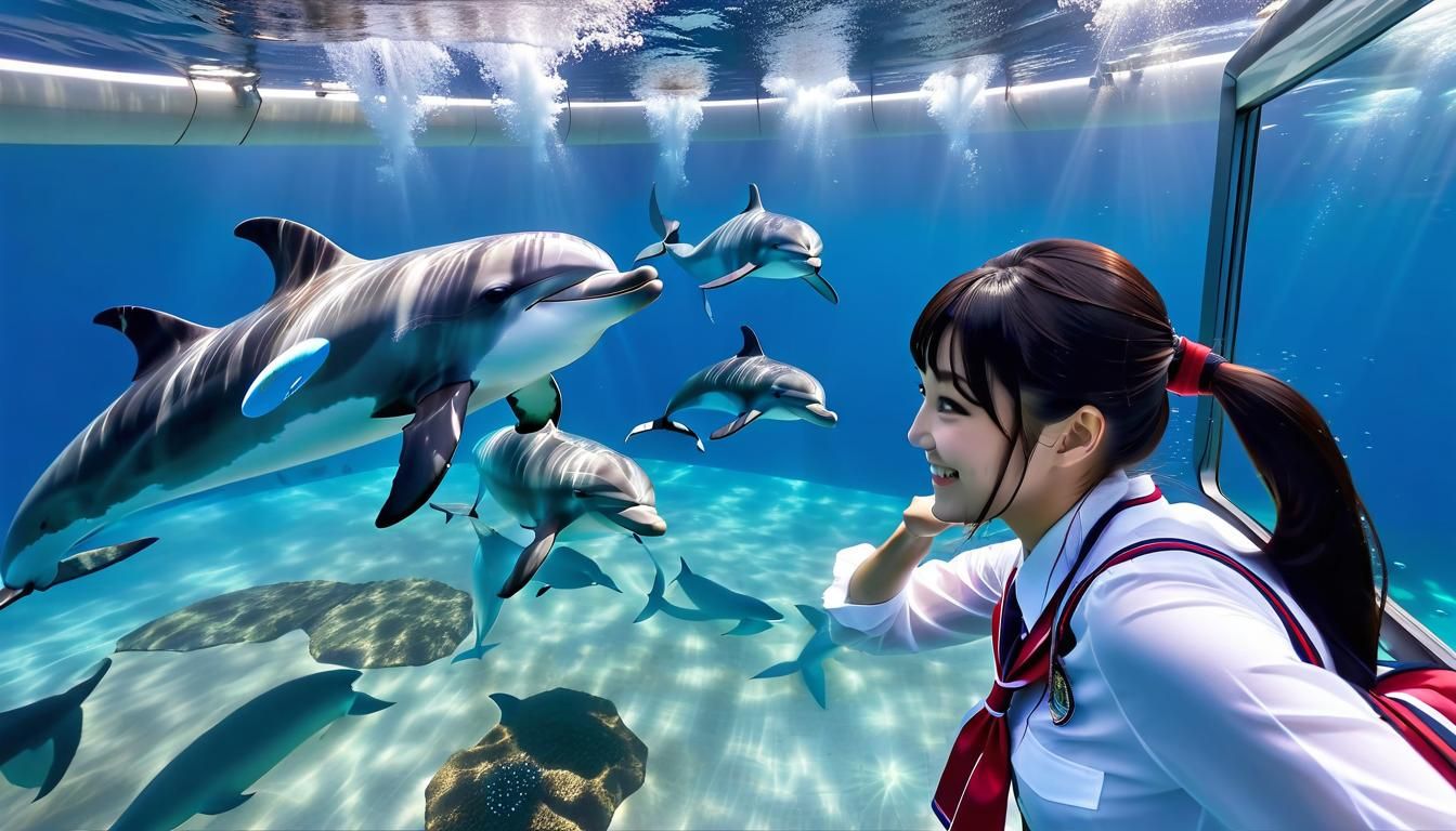 Japanese Schoolgirls and Dolphins at Sea Paradise