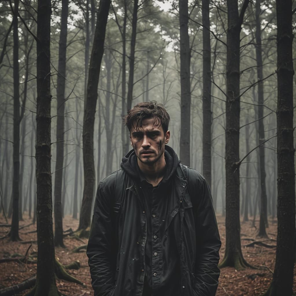 Solitary Young Man's Emotional Pain in Dark Forest