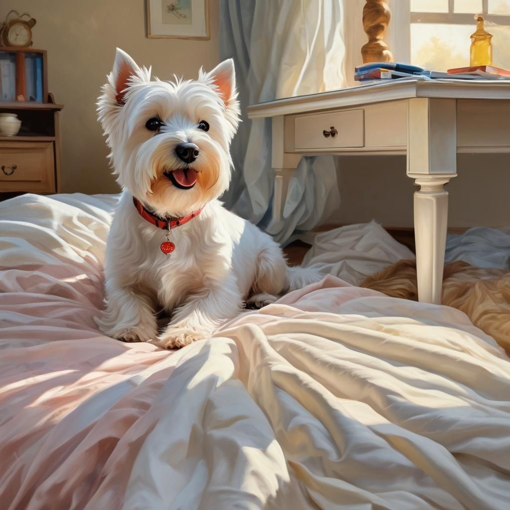 Warm Expression: Westie in Cozy Bedtime Scene