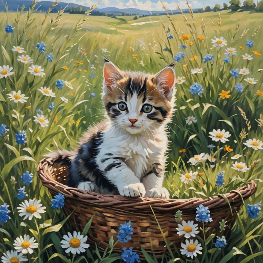 Kitten in Meadow as Impressionist Oil Painting