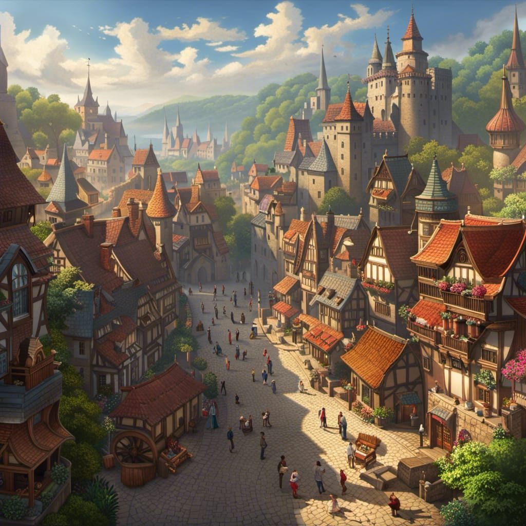 Misty Medieval Marketplace with Dappled Sunlight