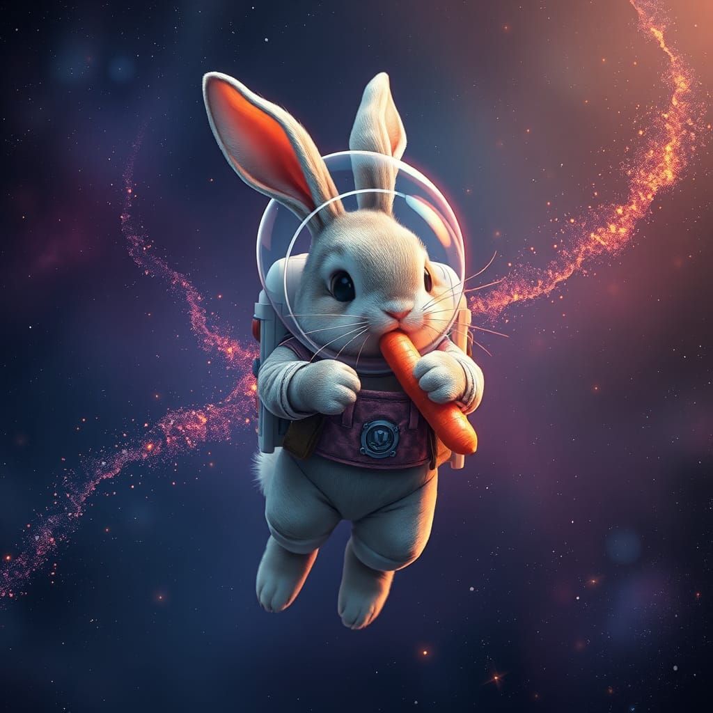 Bunny in Space Eating Cosmic Carrots