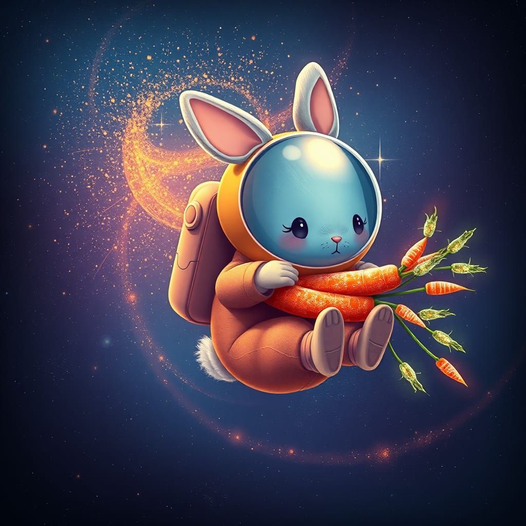 Bunny in Space Eating Cosmic Carrots