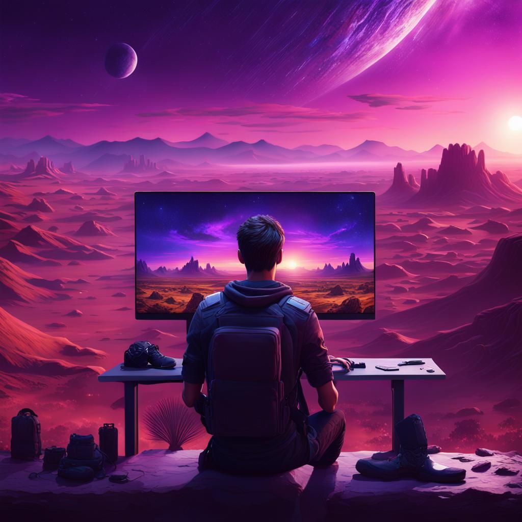 Young Man Overlooking Desert Sunset in Space Bayou