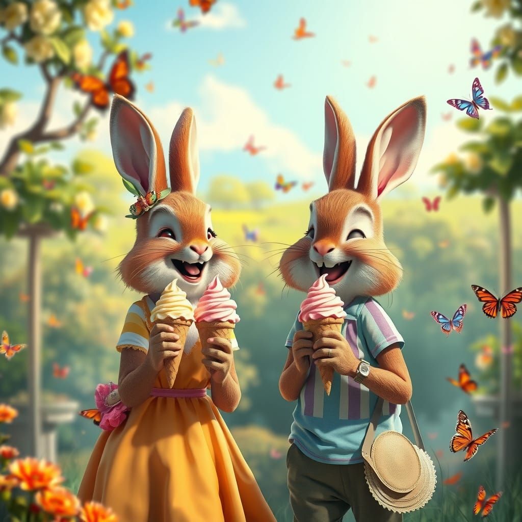 Whimsical Bunny Couple Enjoying Summer in a Park