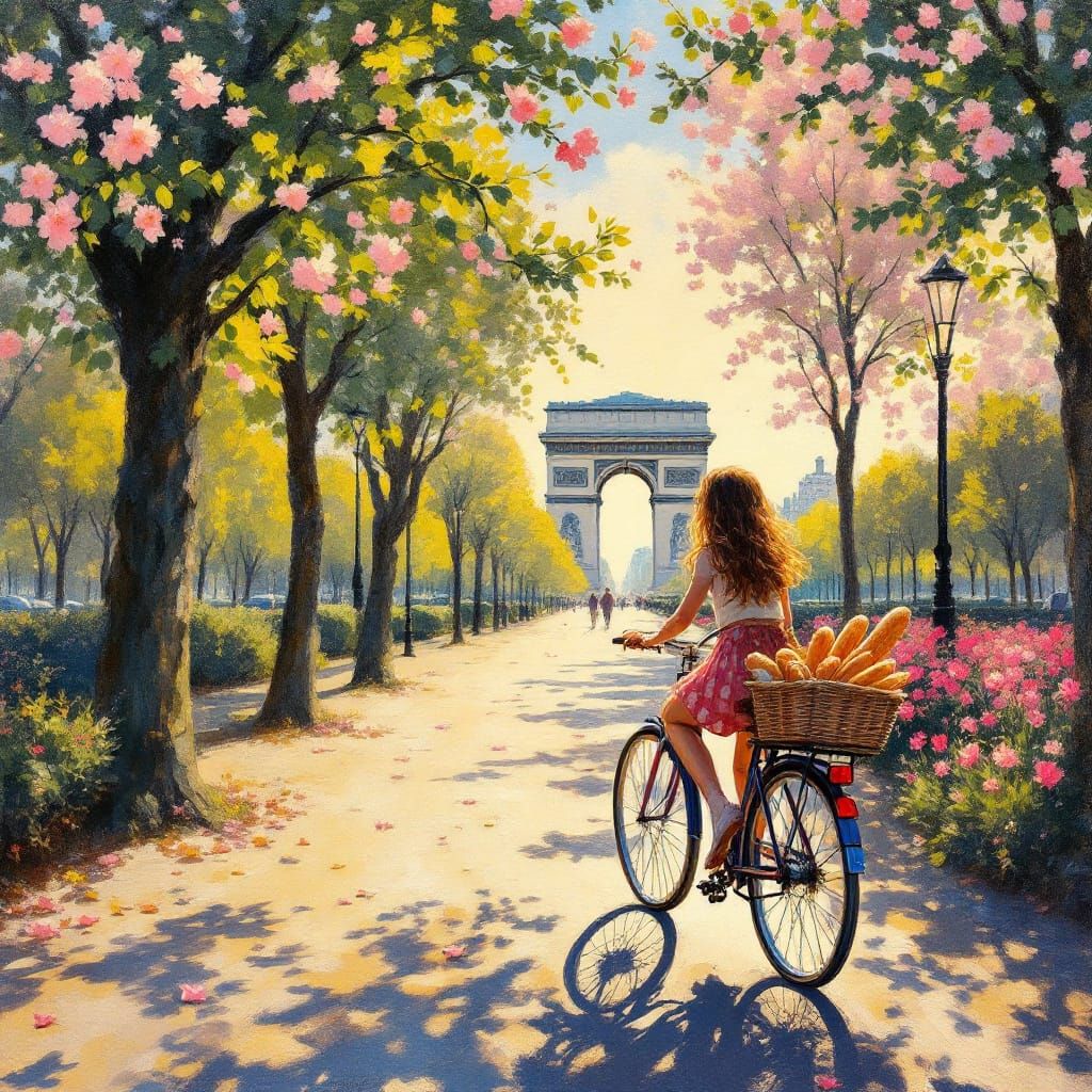 Parisian Summer Street Scene: Girl Cycles Towards Arc de Tri...