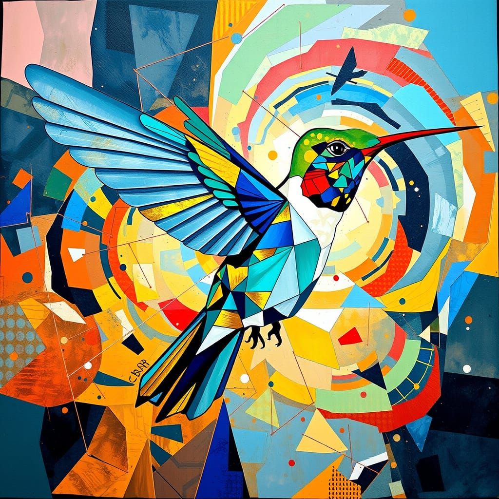 Geometric Hummingbird in Flight Abstract Art