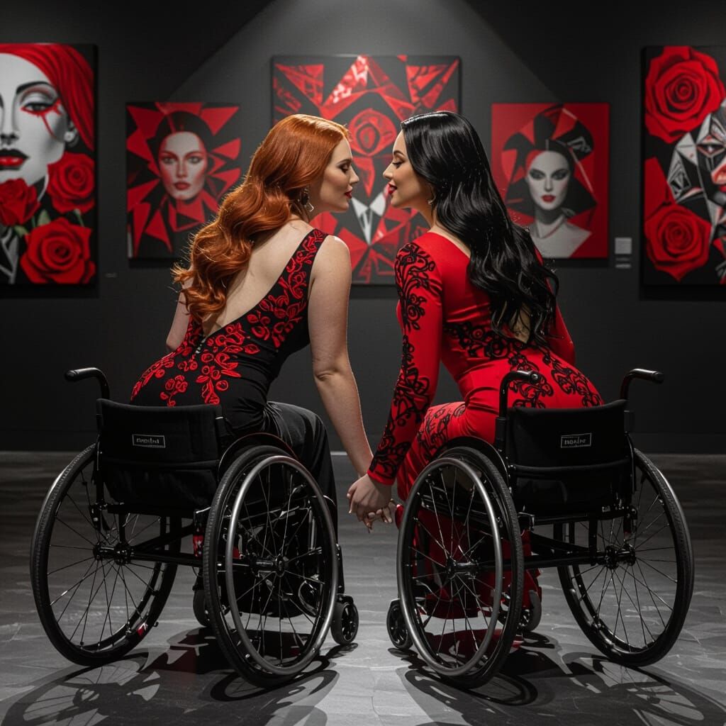 Two Beauties About to Kiss in Art Gallery