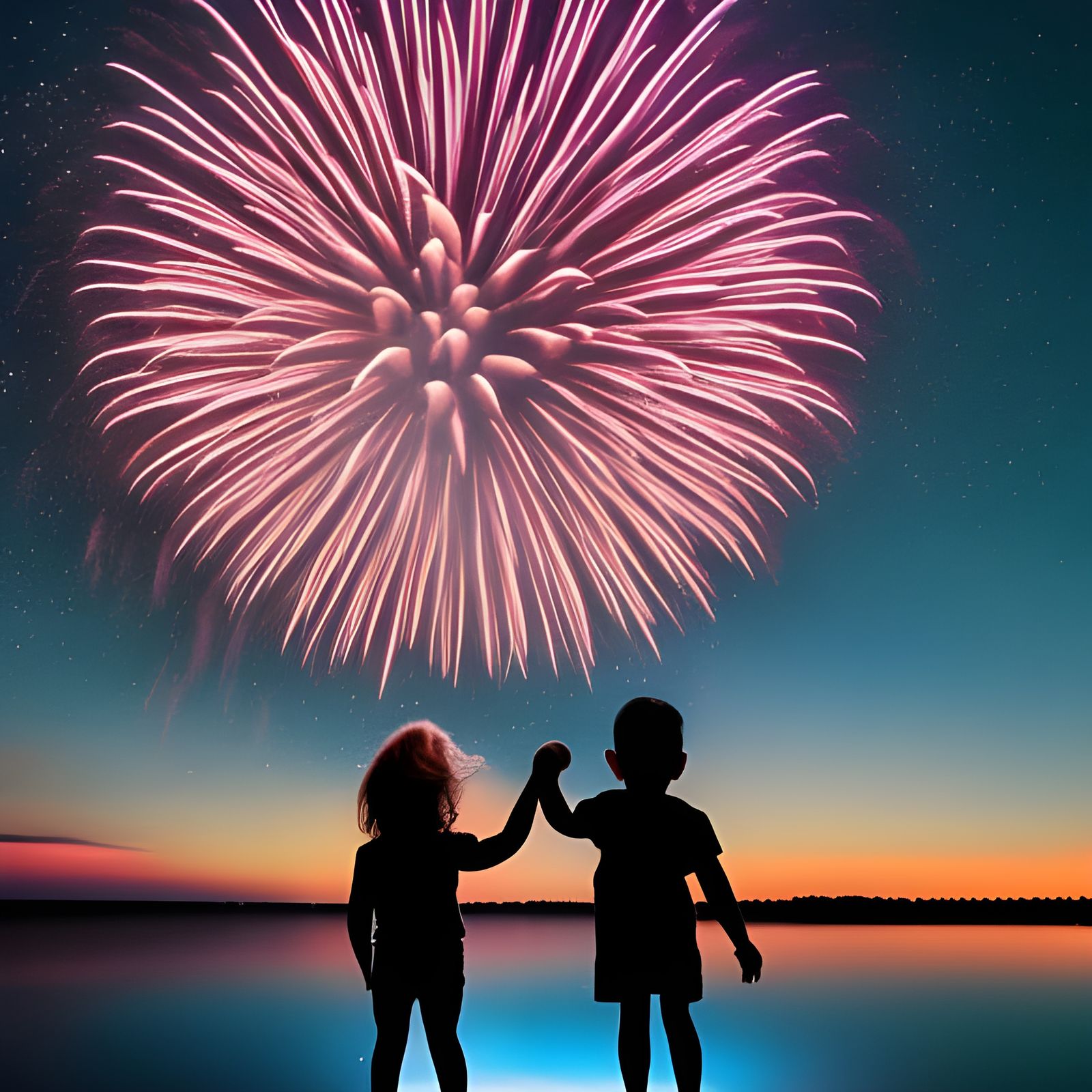 Young brother and sister watching the fireworks (v3)