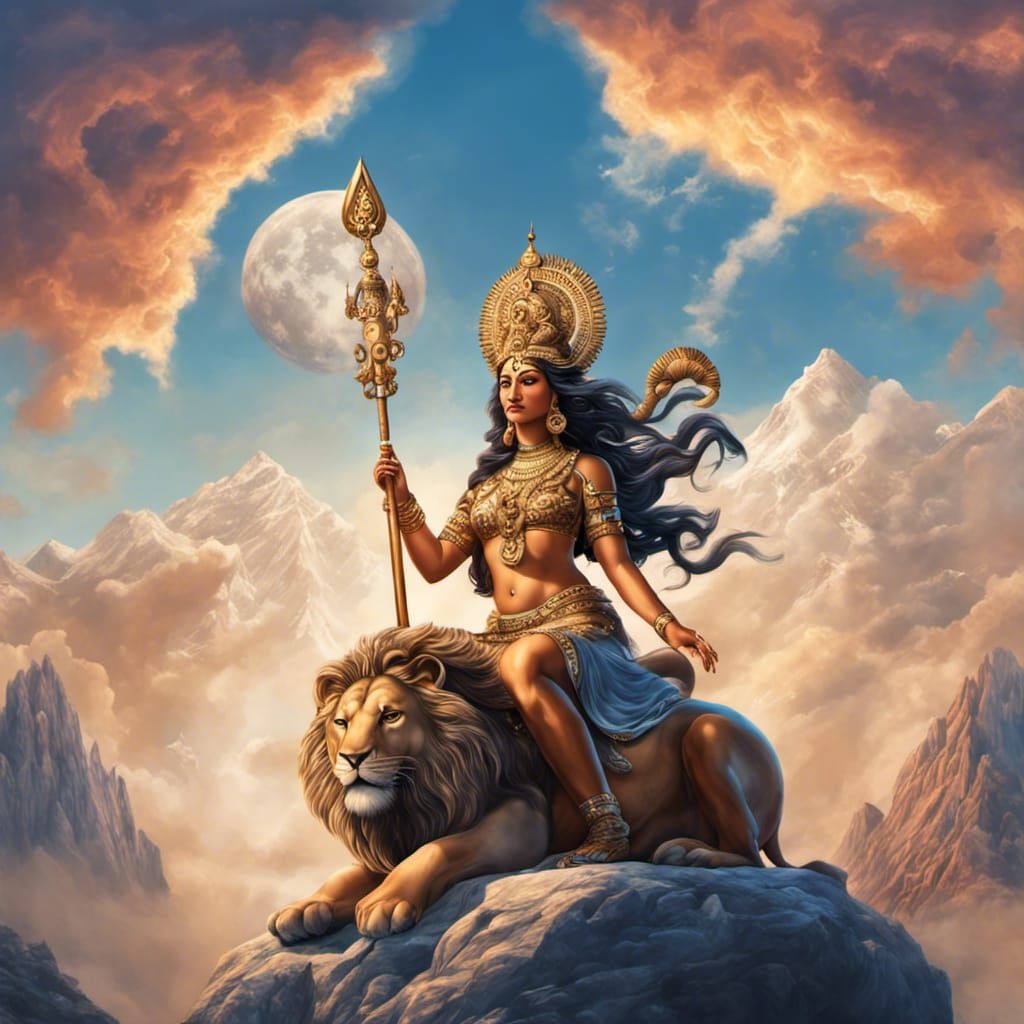 Durga Goddess on Lion in Mountain Landscape