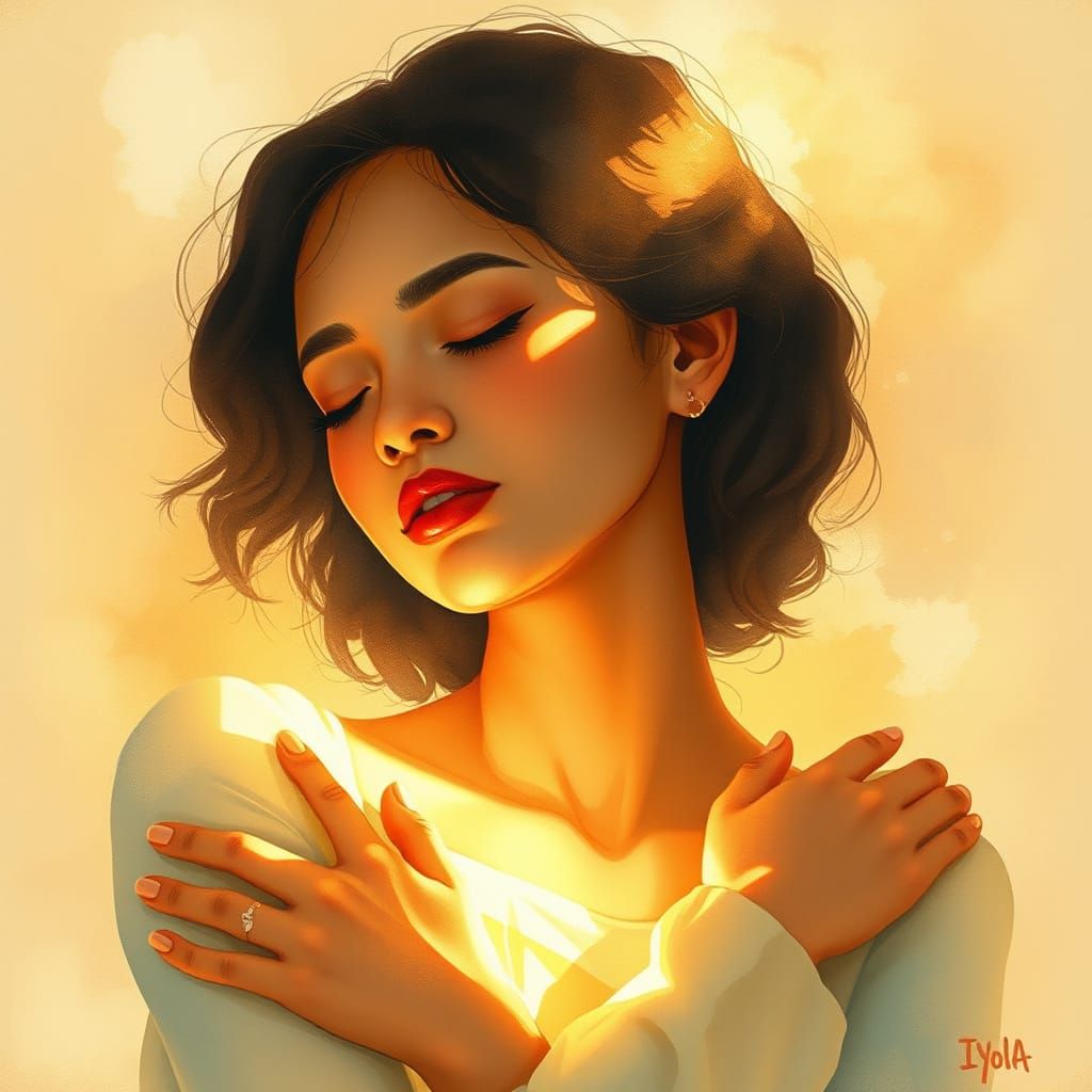 Serene Woman Embracing Self with Kindness