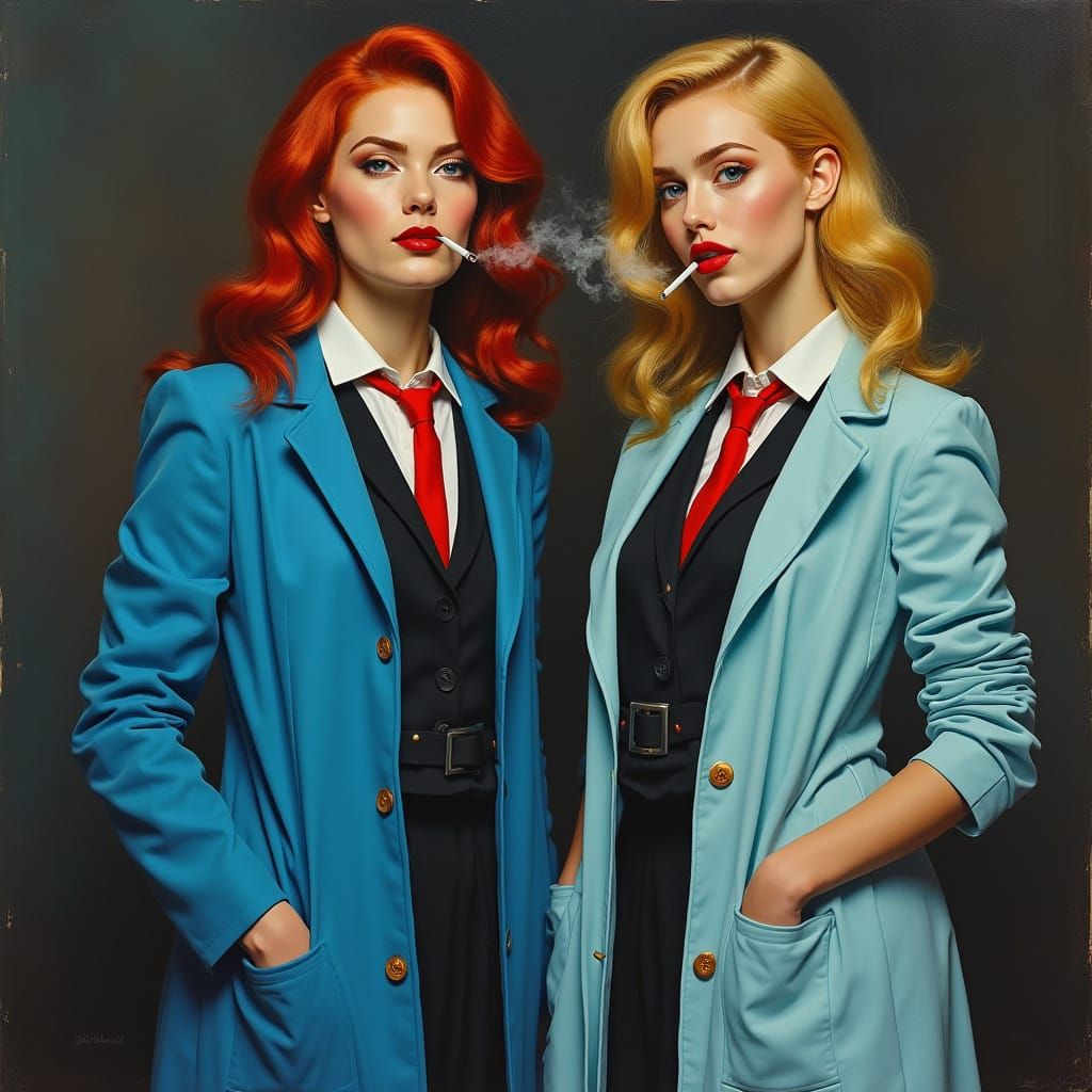 Noir Style: Redhead and Blonde Smoking