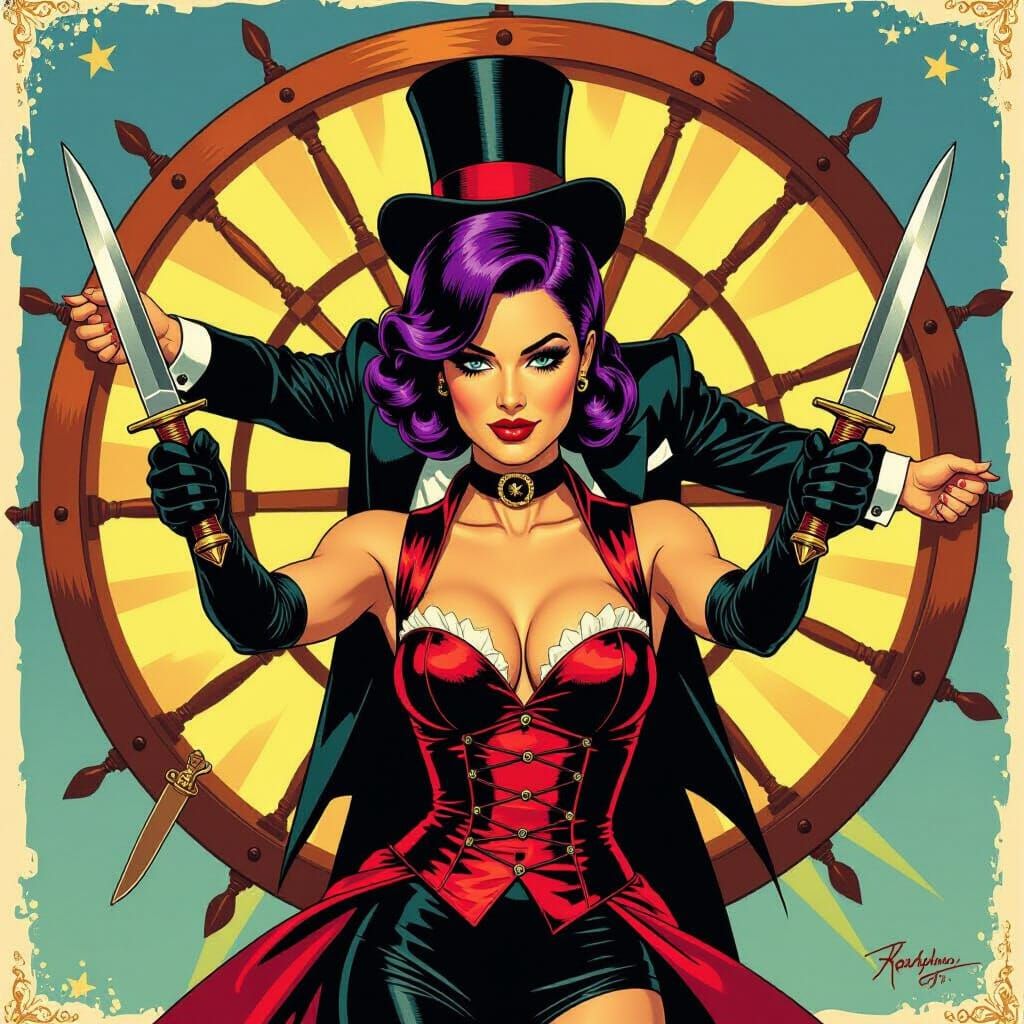 Circus Knife Thrower with Ringmaster in Vintage Poster Style