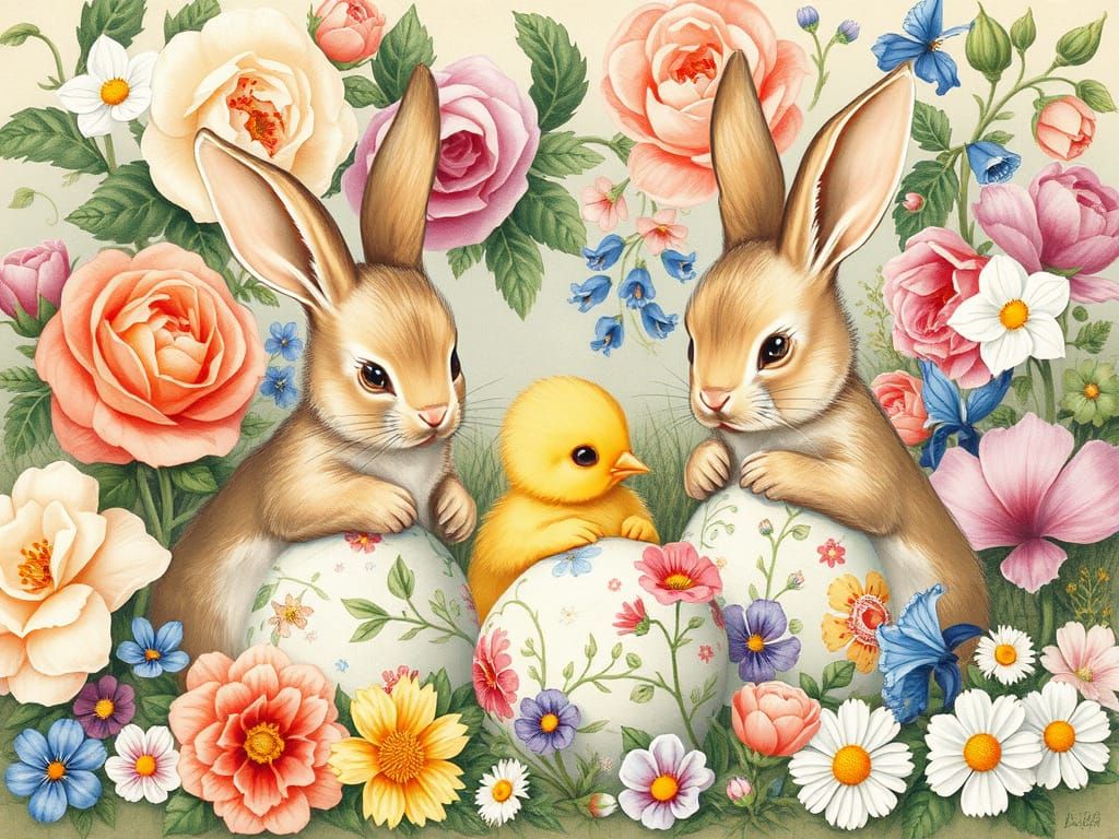 Whimsical Bunnies Painting Easter Eggs in Renaissance Style