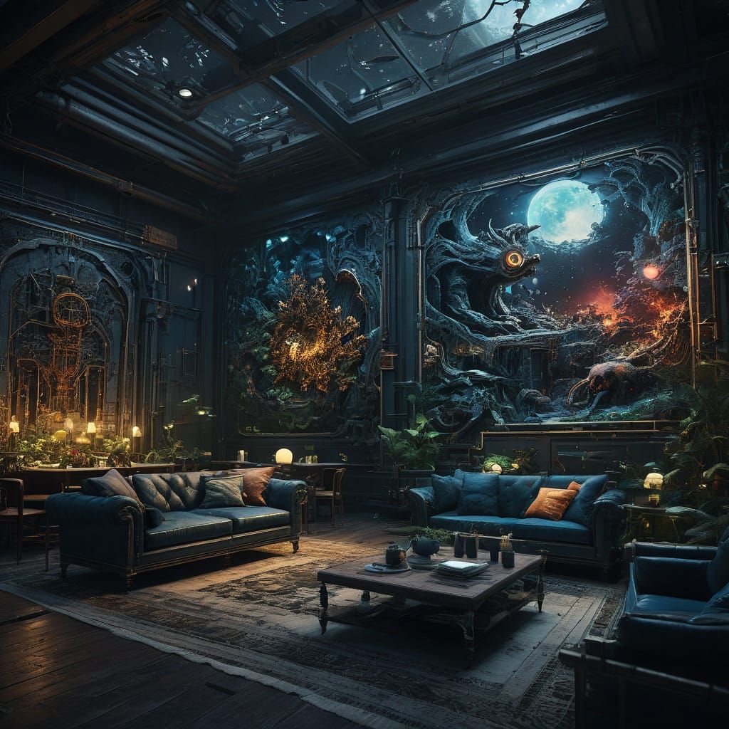 Cozy Futuristic Lounge with Interactive Digital Canvas