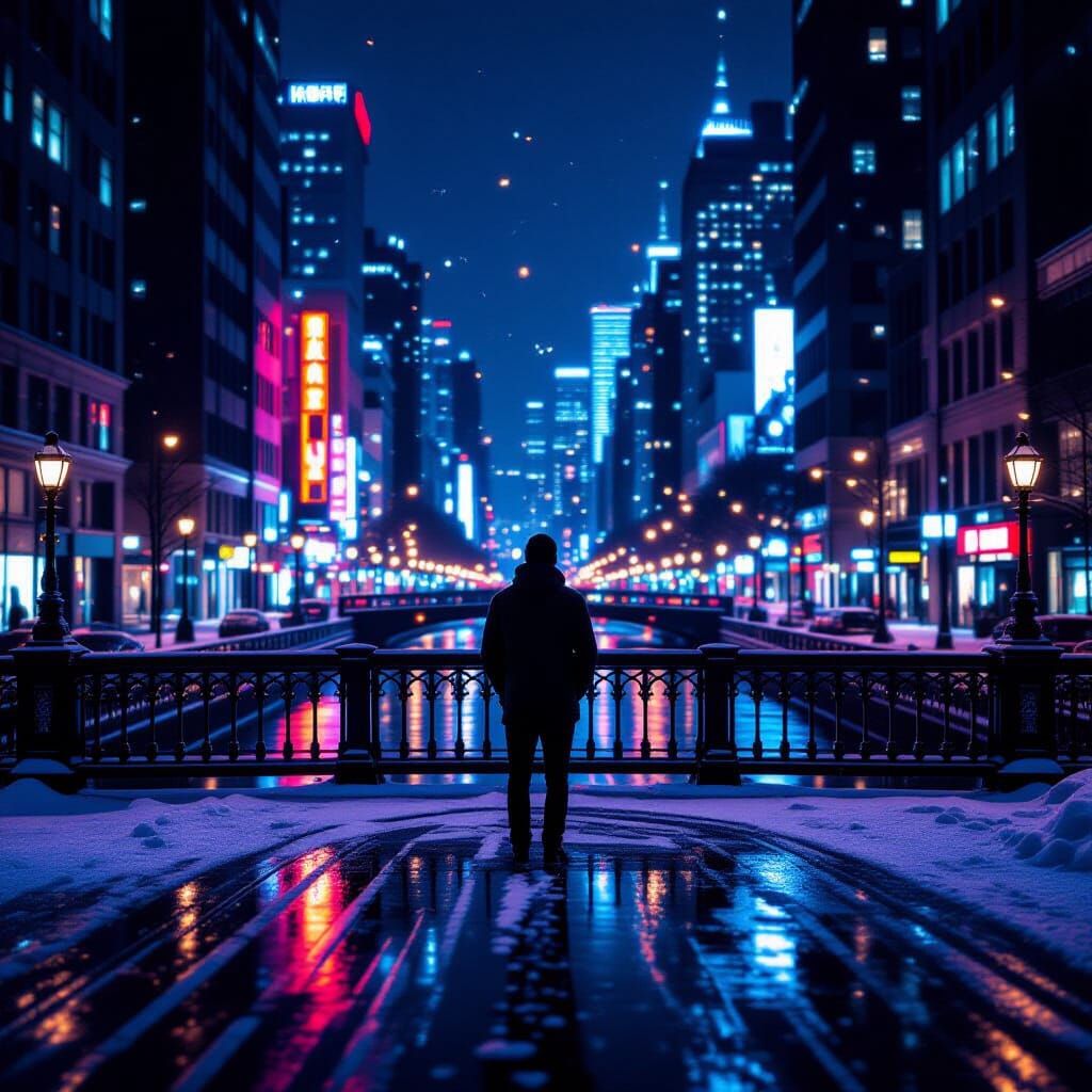 Man on Bridge Over City at Night in Photorealistic Style