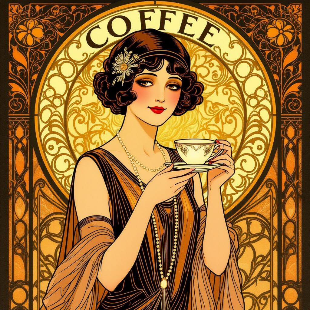 Elegant Coffee Advert Poster in Art Nouveau Style