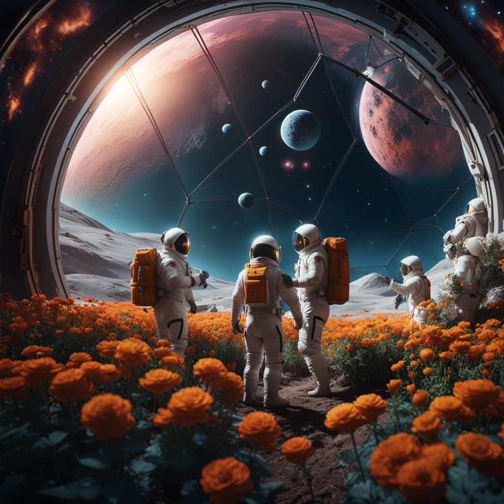 Lunar Gardeners: Astronauts in Geodesic Moon Dome