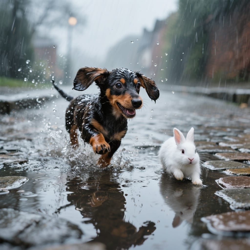 Playful Dachshund Puppy in Rainy Weather