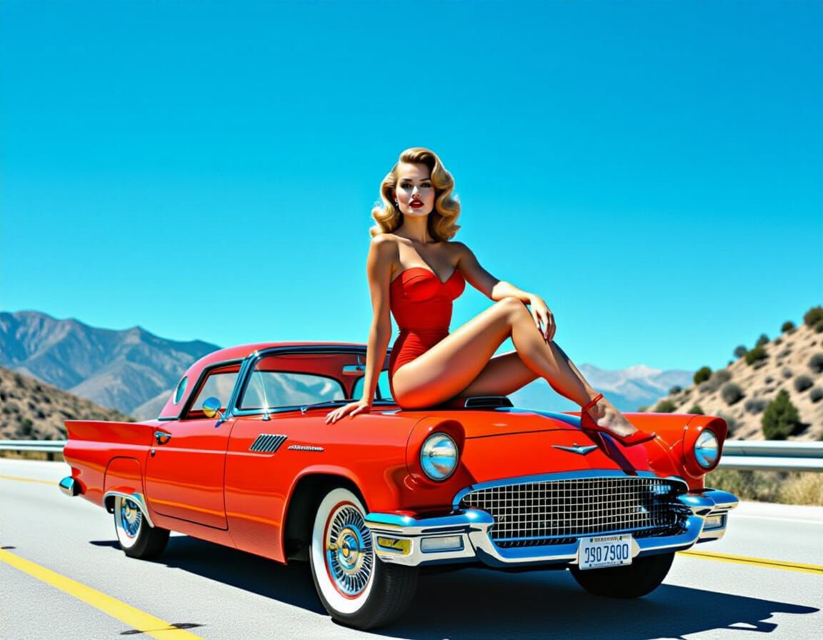 Pin-Up Model Poses on Vintage Red Muscle Car