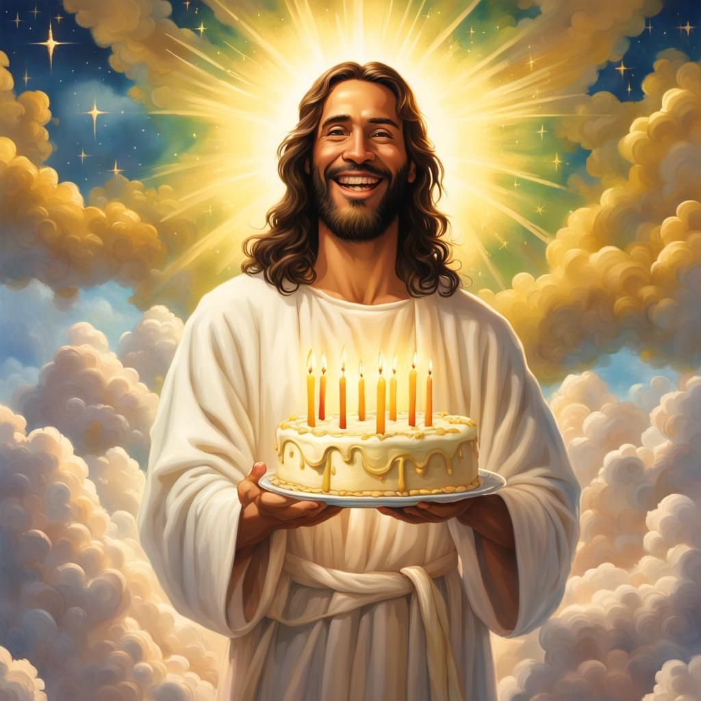 Jesus Holding Birthday Cake in Heaven