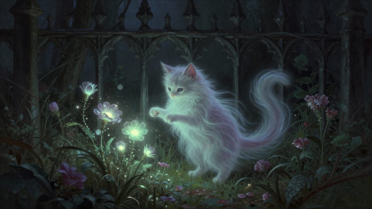 Ghostly Cat in Spectral Garden Dark Fantasy Style