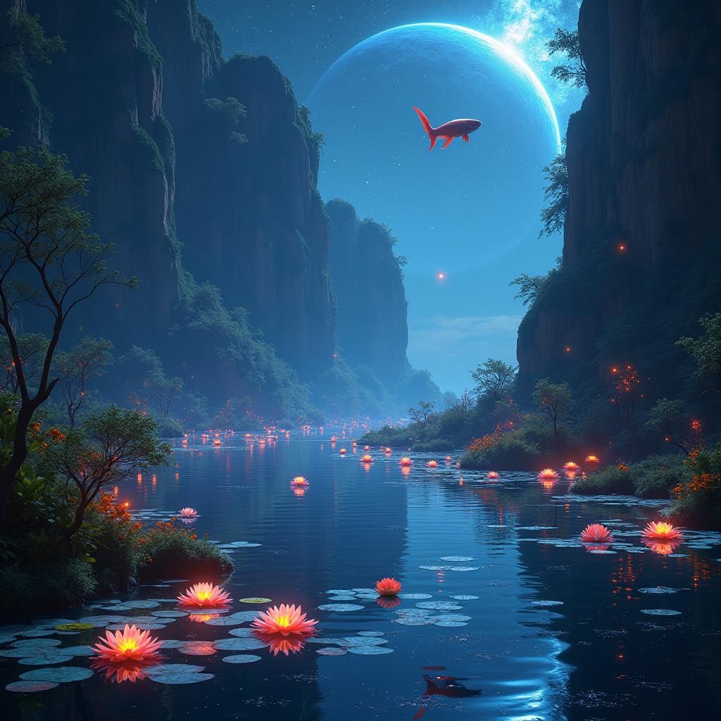 Lake of Bioluminescent Fish Floating in Space