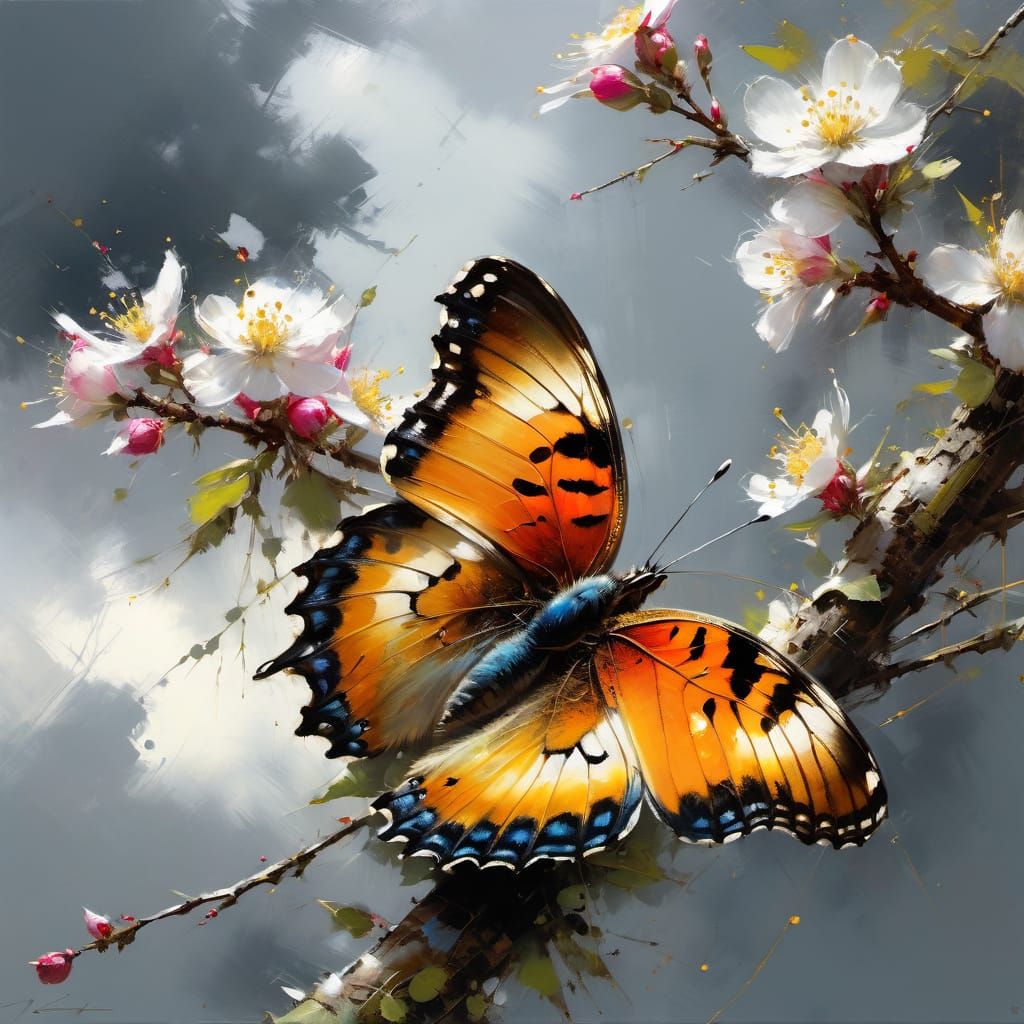 Whimsical Butterfly Amidst Blossoming Branches in Dramatic L...
