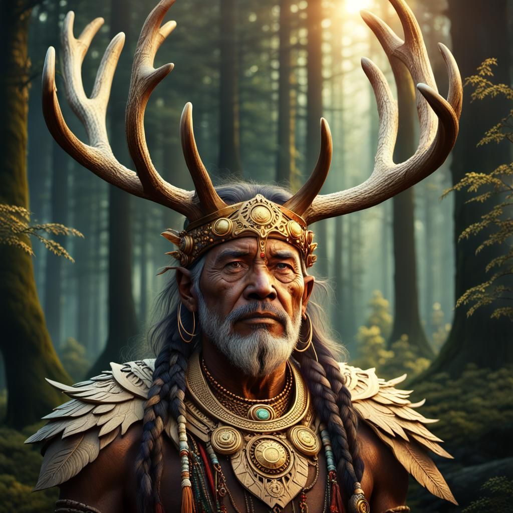 People with Antlers: Tribal shaman with majestic antler crow...
