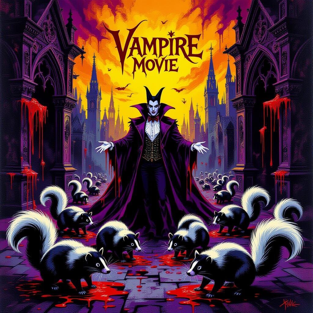 Vampire Movie Set Overrun by Skunks in Surreal Style