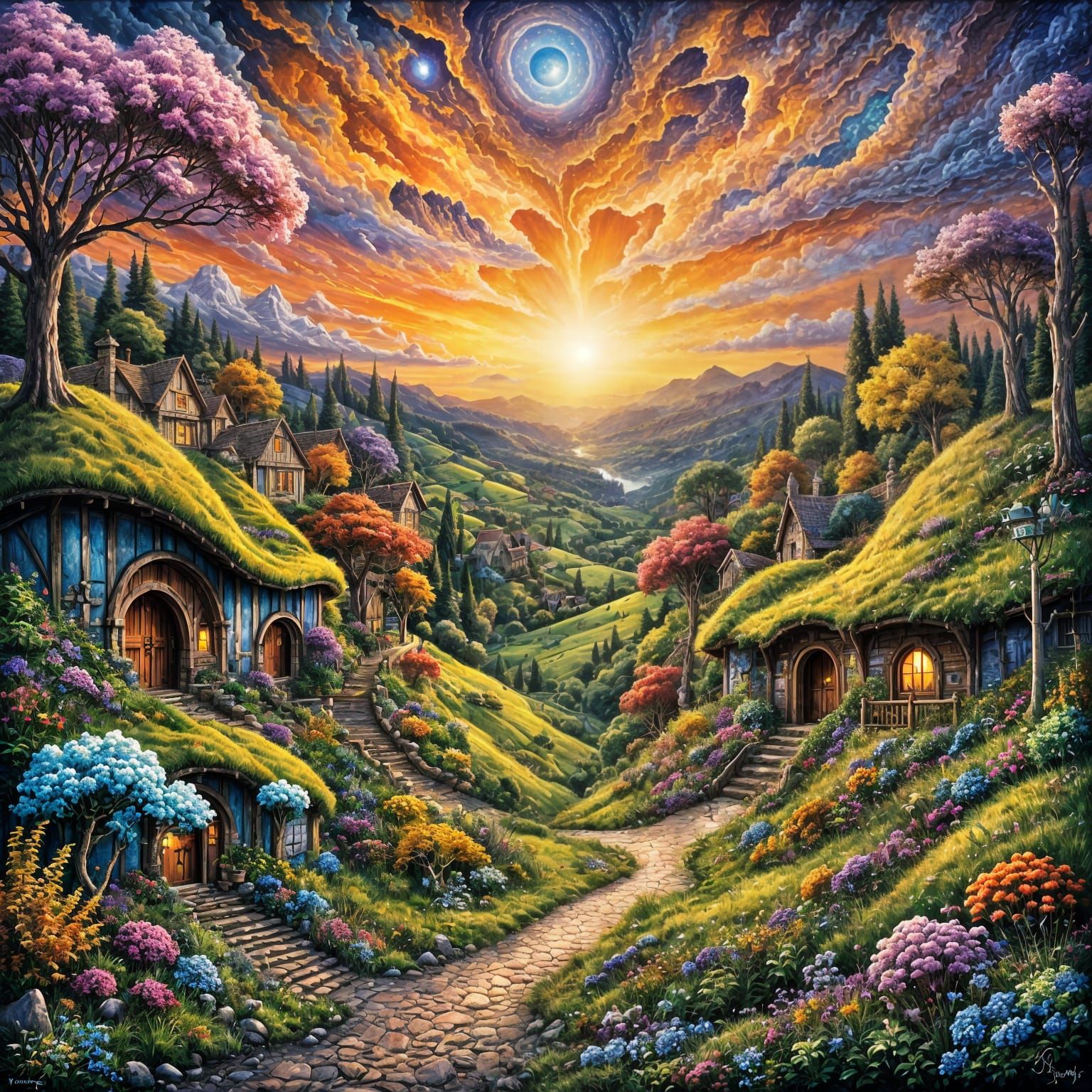 Hobbit Village at Sunset in Ethereal Fantasy Style