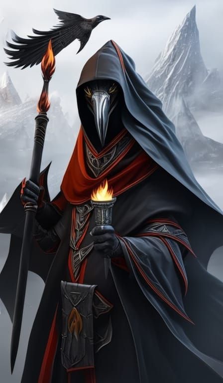 Cloaked Raven Wizard Portrait with Torch