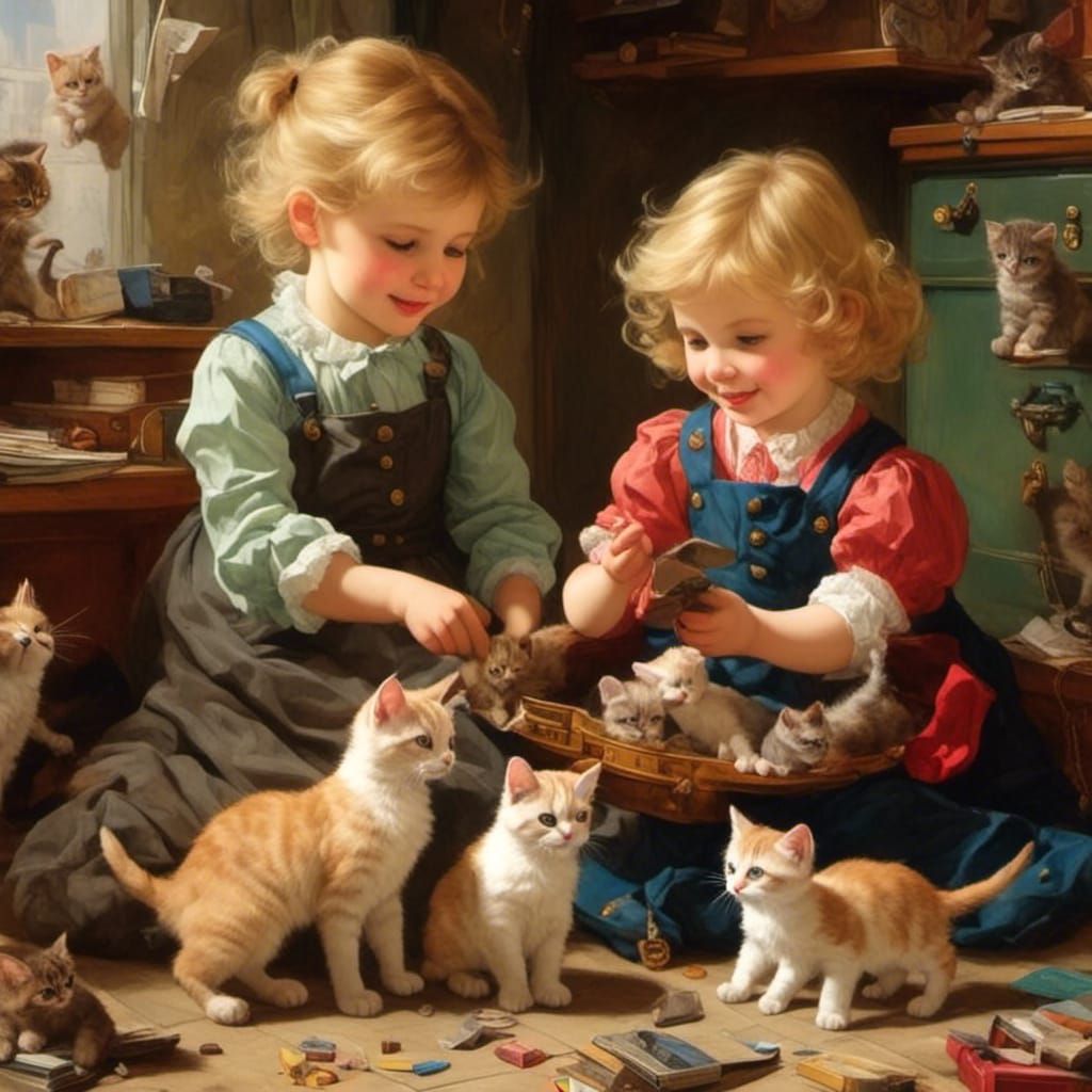 Toddlers Playing with Kittens