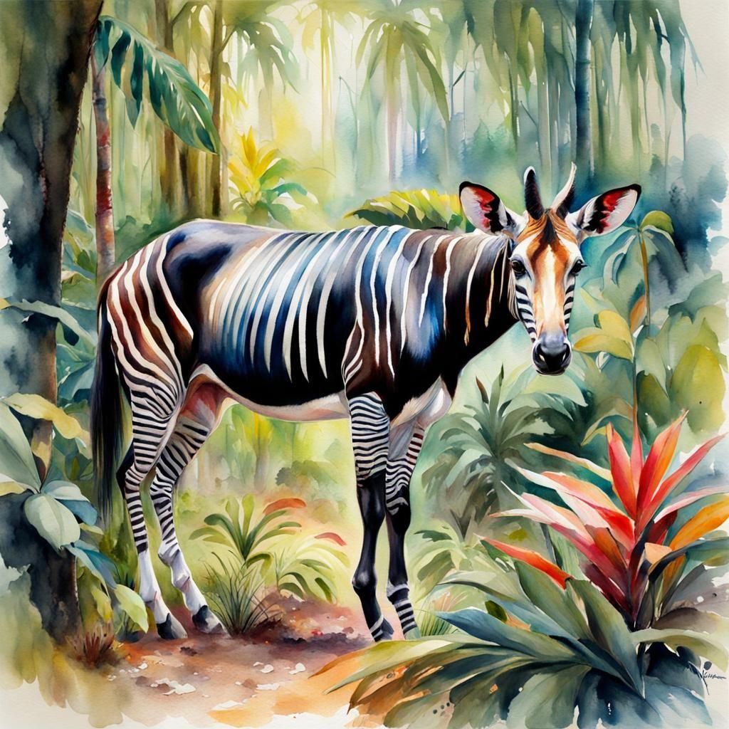 Okapi in Rainforest: Watercolour Fantasy Art